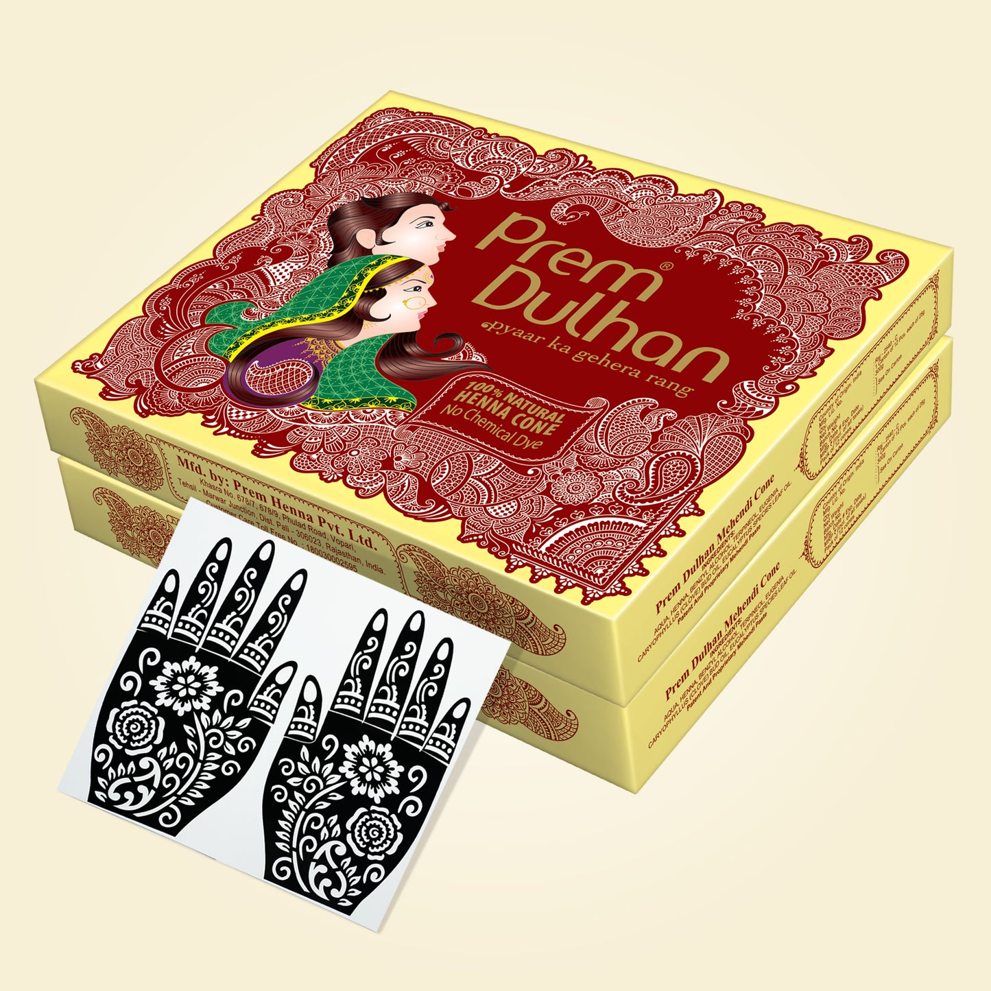 Prem Dulhan Ready to Use Mehendi Cones with Stencils Yellow Box
