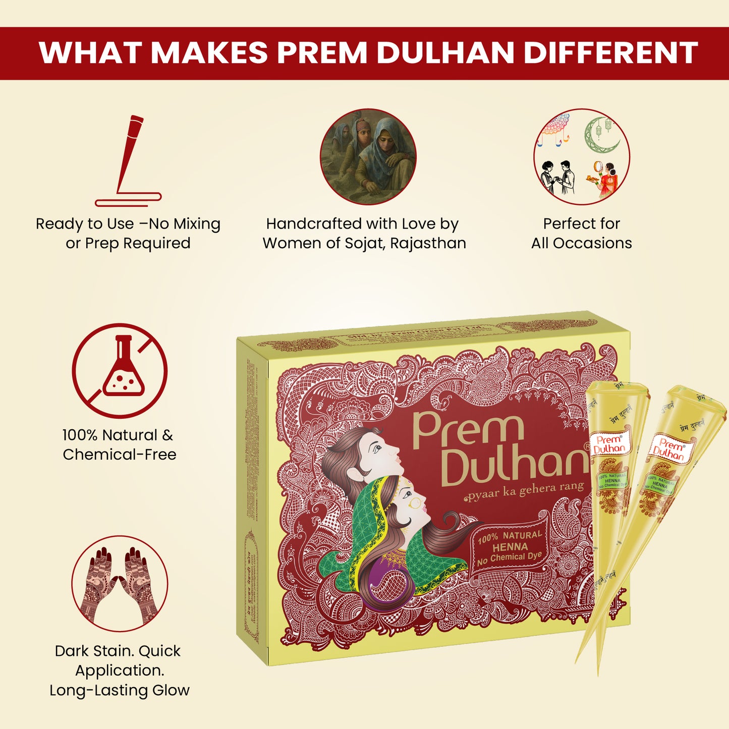 Prem Dulhan Ready to Use Mehendi Cones with Floral Paisley Stencils Yellow Box